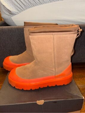 Mens UGG Tan Suede Boots with Bright Orange Rubber Sole